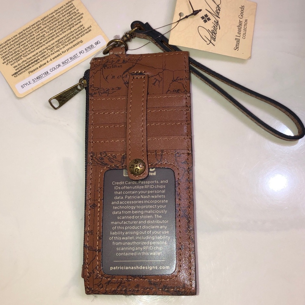 Patricia Nash Alanna Signature Map Print Leather Card Wallet Color Riot Rust NWT - Picture 13 of 16